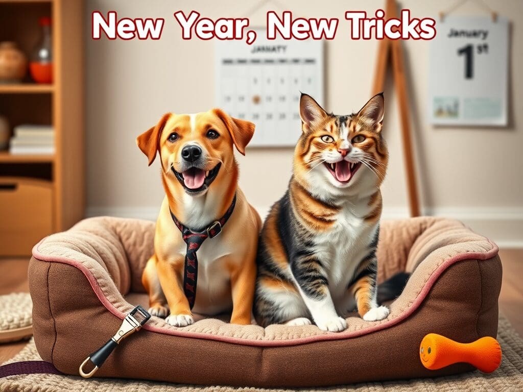 #Create a realistic image of a cheerful dog and cat sitting side by side on a cozy pet bed, surrounded by various pet care items such as a new leash, grooming brush, healthy treats, and a toy. In the background, a calendar on the wall shows January 1st. Above the pets, floating text reads "New Year, New Tricks" in a playful font.